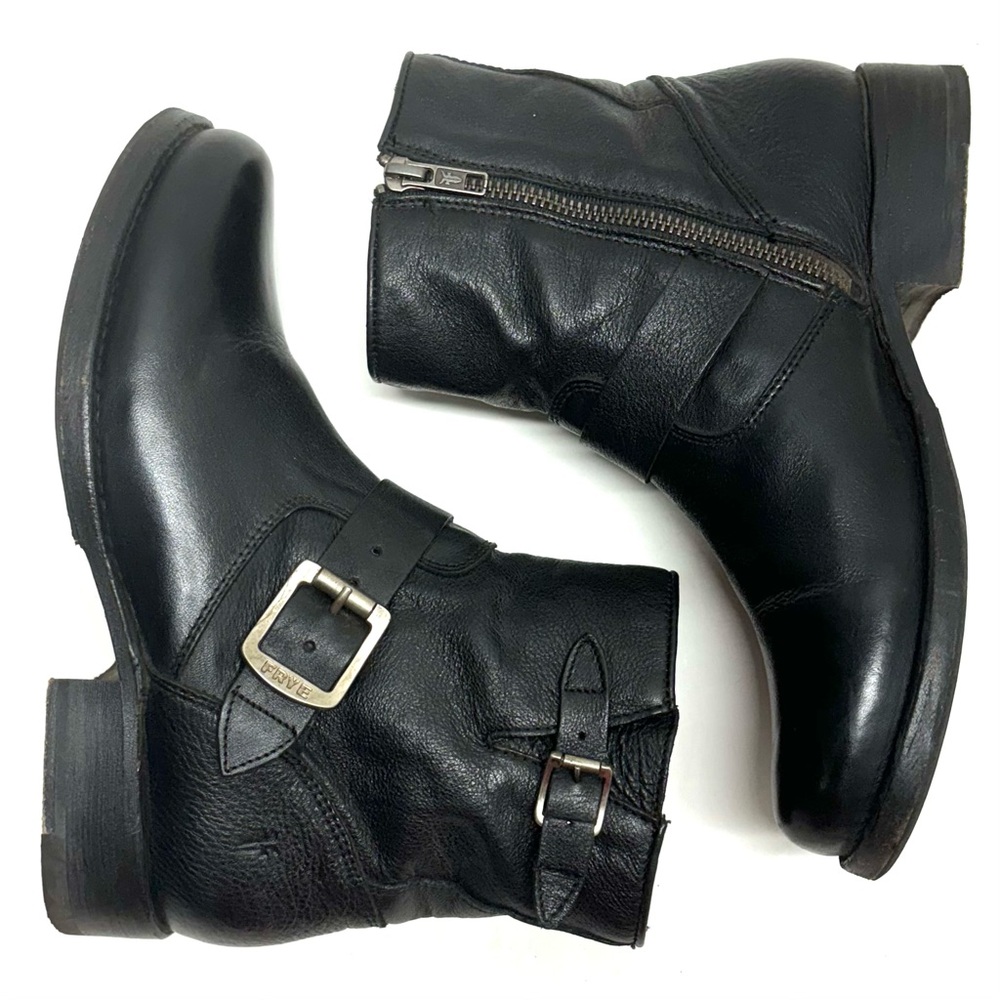 Frye Vicky 6" Buckled Zip Moto Combat Leather Boots Black Size 7 Style# 3470541